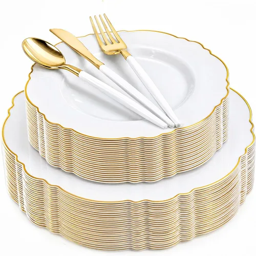 WDF - Vajilla de plástico desechable para 30 invitados platos color oro y cubiertos color oro con mango blanco - Vajilla de plástico barroco blanco