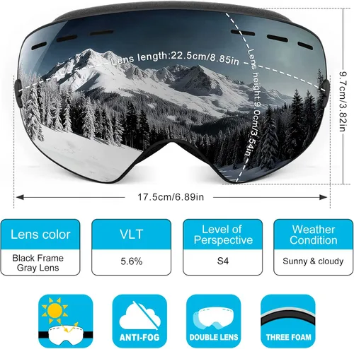Miniatura 3 de SPOSUNE Gafas de esquí sobre lentes, gafas de nieve para hombres, mujeres, jóvenes, snowboard, esquí, gafas de nieve antivaho UV400 Sg-003-gris