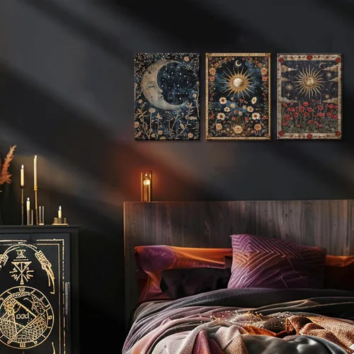 Miniatura 6 de Arte de pared celestial de sol oscuro y luna con tarot gótico espiritual, pintura de bruja, astrología, póster místico, impresiones en lienzo