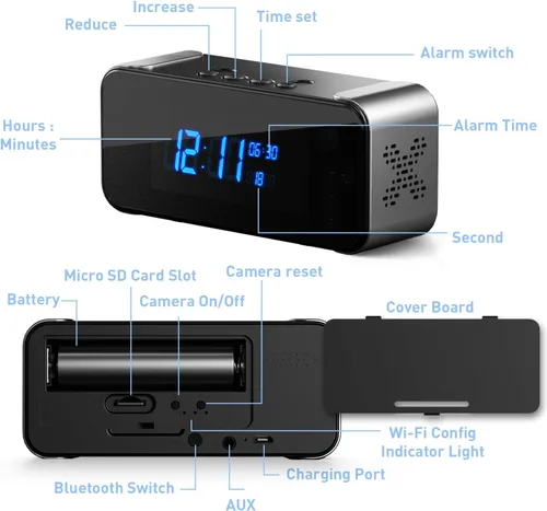 Miniatura 8 de Cámara oculta con reloj despertador y Bluetooth, cámara interior inalámbrica Ultra 4K HD para seguridad del hogar, mini cámara WiFi para niñera