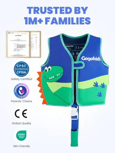 Miniatura 2 de Gogokids Chaleco de natación para niños de 1-2-3-5-7-9 años, chaqueta de natación de neopreno para niños con correa de seguridad ajustable y Azul