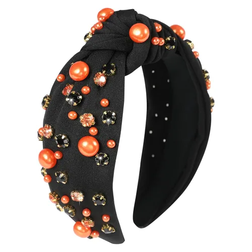 Miniatura 20 de Diadema anudada con joyas para mujeres y niñas, diadema de diamantes de imitación de cristal brillante, nudo superior ancho para mujer, diadema Negro