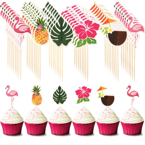 Maitys Luau - Decoración para cupcakes, decoración de tartas tropicales, palillos de dientes hawaianos con flamenco y piña, hojas de palma,