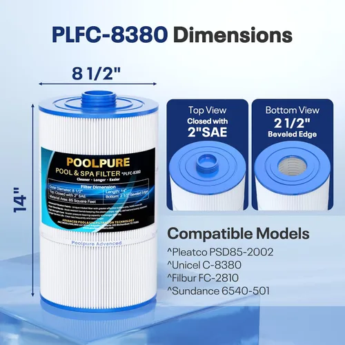 Miniatura 2 de POOLPURE Filtro de repuesto para Sundance 6540-501, PSD85-2002, Unicel C-8380, Filbur FC-2810, Excel Filters XLS-840, Aladdin 18007, Baleen