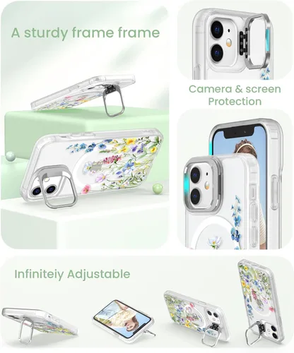 Miniatura 4 de Dretal Funda para iPhone 12 Mini / 13 Mini floral, con protector de pantalla, soporte para cámara, protección de grado militar, translúcida mate