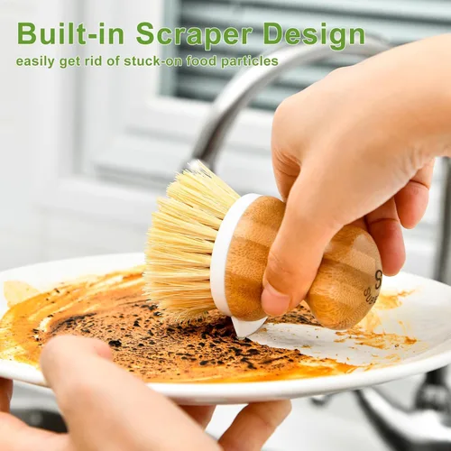 Miniatura 3 de SUBEKYU Cepillo para platos de bambú, cepillo para lavar platos de cocina, cepillo de madera natural para limpiar platos, sartenes/ollas, raspador 1