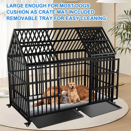 Miniatura 3 de Jaula resistente para perros de 54 pulgadas, jaula para perros gigantes extra grandes con 2 puertas, ruedas con bloqueo, bandejas extraíbles, acceso