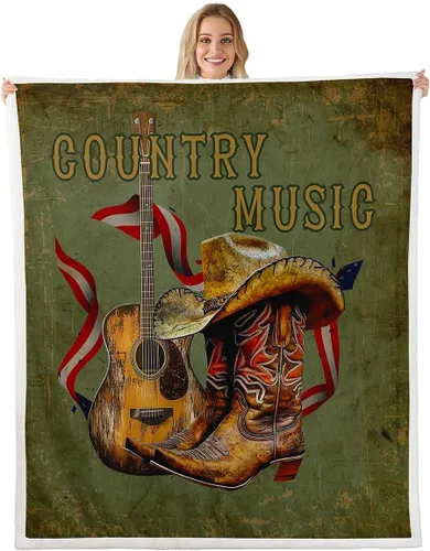 Miniatura 37 de Cowboy Boots Blanket Bohemia Musical Guitar Throw Blanket for Kids Western Rustic Cowgirl Super Soft Wrinkle Sherpa Blanket Music Notes Print 40x50