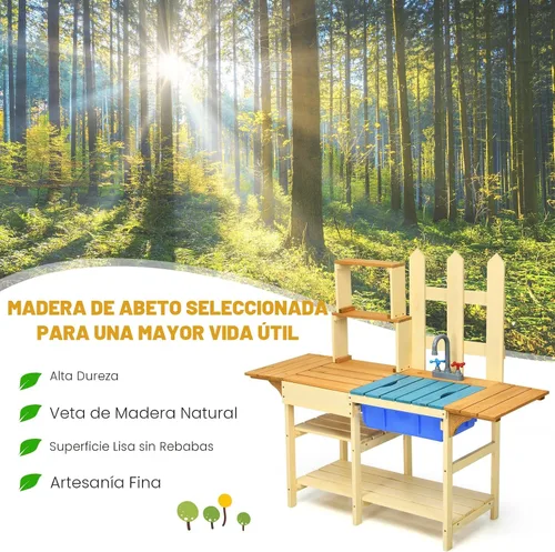 Miniatura 4 de HONEY JOY Juego de cocina de barro para niños, para interiores y exteriores, juguete de simulación de madera con fregadero extraíble, grifo