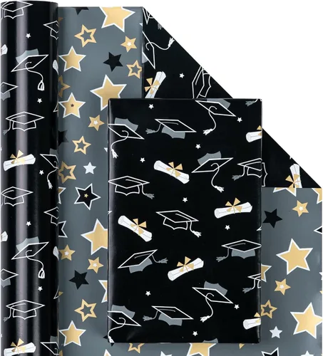 Miniatura 2 de WRAPAHOLIC Papel de regalo reversible de graduación, mini rollo, 17 pulgadas x 33 pies, tapa de zanjadora dorada negra y estrellas para fiestas