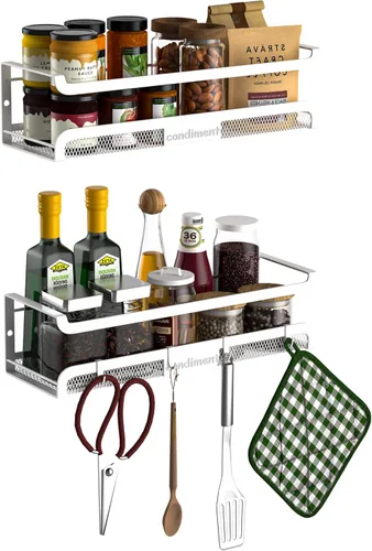 Miniatura 11 de Estante de especias de pared con ganchos, organizador de especias para almacenamiento de gabinetes, estante colgante de pared, organizador de Negro