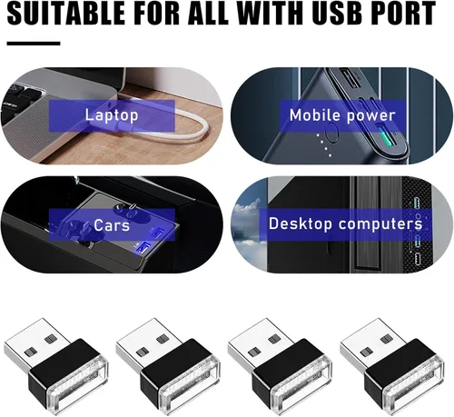 Miniatura 3 de 4 PCS Lámpara de Atmósfera Interior de Coche LED USB, Mini Luz Nocturna LED Portátil, Kit de Iluminación Ambiental de Maletero con Interfaz USB