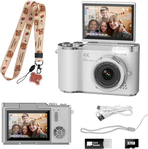 Miniatura 9 de Cámara digital para niños, cámara digital 4K para fotografía, cámara selfie de video HD 1080P de 48MP, con pantalla giratoria de 180° y flash