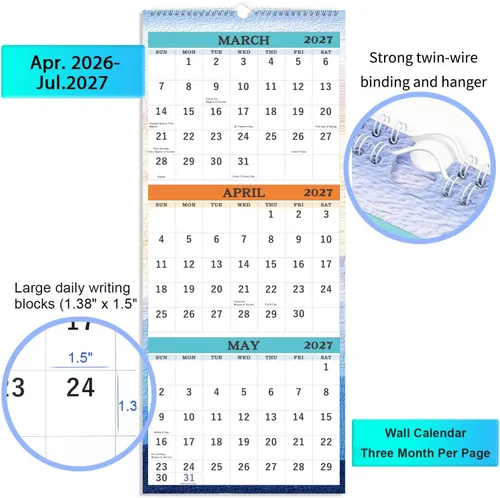 Miniatura 4 de Calendario de pared 2026-2027, abril de 2026 a julio de 2027, calendario vertical de 3 meses 2026-2027, planificador de calendario, 11 x 26