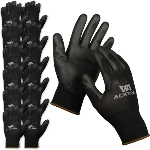 ACKTRA Guantes de trabajo de seguridad ultrafinos de poliuretano 12 pares, WG002 negro/negro, XS