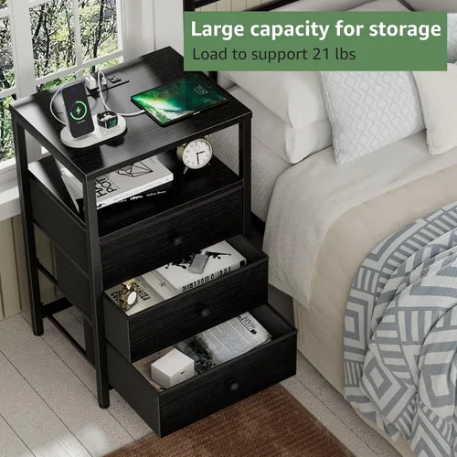 Miniatura 21 de BOLUO Mesita de noche blanca con estación de carga, mesa de noche LED con 2 cajones de tela, mesa auxiliar con puertos USB y tomas de corriente