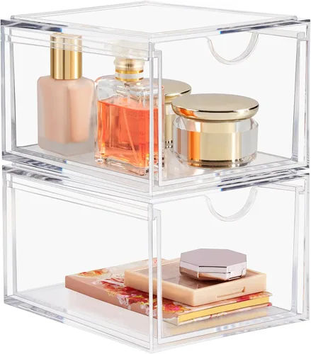 Boxalls Paquete de 2 cajones de almacenamiento apilables de acrílico, organizador de maquillaje, 20% más grueso, transparente, organizadores de baño