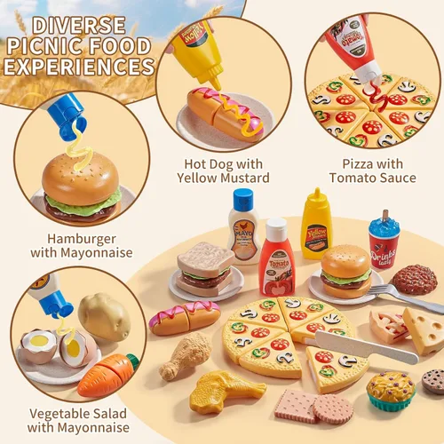 Miniatura 3 de Juegos de comida de juguete para la cocina de los niños, juguetes de comida de simulación de paja de trigo con cesta de picnic para niños y manta