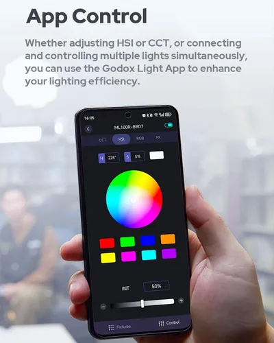 Miniatura 7 de Godox ML100R 110W RGB luz de video LED portátil, 1800K-10000K, HSI completo y CCT 1800K – 10,000K, CRI 95+, 14 FX, control de aplicación/a bordo