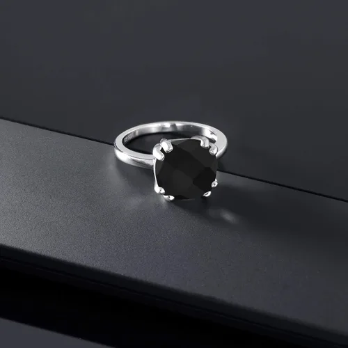 Miniatura 5 de Gem Stone King Anillo de compromiso de ónix negro de 3.60 quilates para mujer en plata de ley 925 Anillo de piedra natal de doble punta Tablero