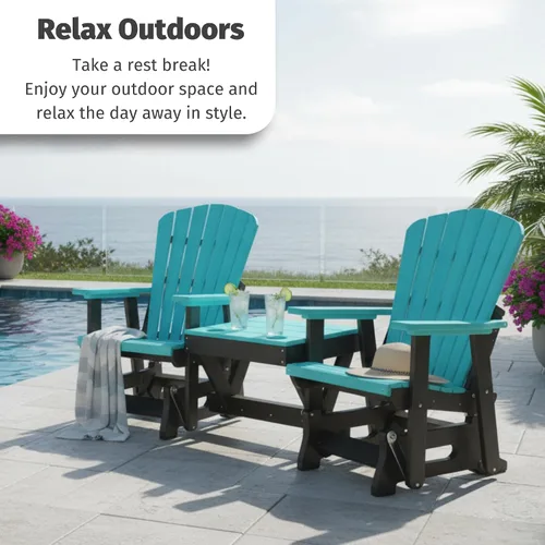 Miniatura 3 de DutchCrafters Slat - Sillas de patio Adirondack de doble polietileno con respaldo de ventilador para exteriores con mesa central (negro y azul aruba)