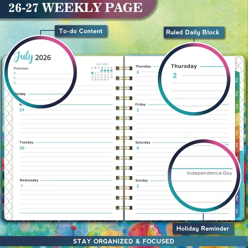 Miniatura 5 de Lemome Agenda 2026-2027 Oficina y hogar, papel grueso, julio 2026-junio 2027, pestañas mensuales, cierre elástico, calendario académico vista