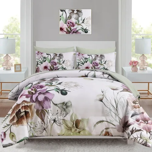 Luxudecor Juego de edredón floral tamaño King de 7 piezas, cama de flores verdes en una bolsa, elegante edredón floral con juego de sábanas, juego
