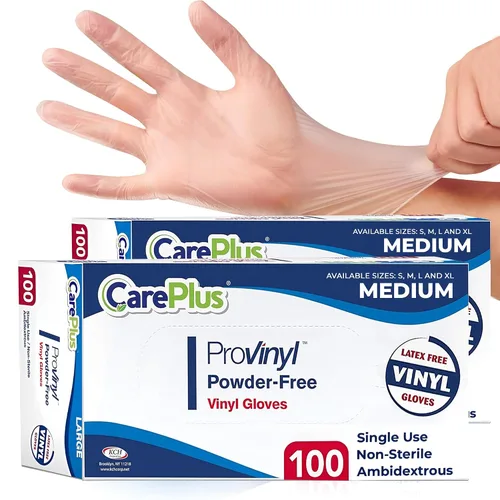 Miniatura 17 de Care Plus – Guantes de vinilo desechables, sin talco, transparentes, sin látex, hipoalergénicos, caja de 100, M Vinilo transparente