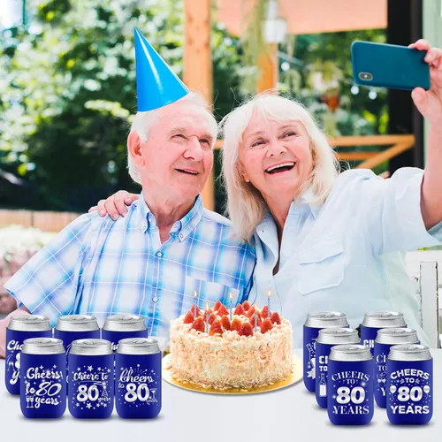 Miniatura 6 de Decoración de manga enfriadora de latas de cumpleaños número 80, 12 unidades, recuerdos de fiesta de 80 para hombres y mujeres, suministros de Azul