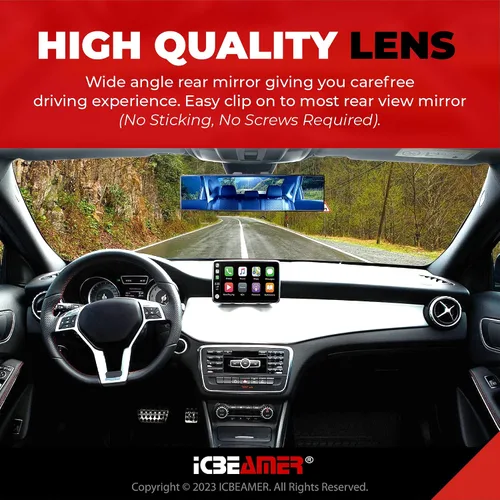 Miniatura 4 de Espejo retrovisor ICBEAMER de 9.4 pulgadas con clip Tinte azul convexo, vidrio panorámico de gran angular HD, antirreflejo, ajuste universal