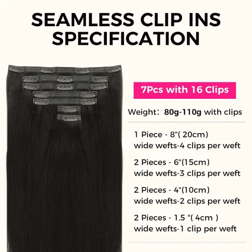 Miniatura 2 de Lashey - Extensiones de cabello con clip sin costuras, de cabello humano real, 7 unidades, 110 g, 14 pulgadas, color negro natural, lacio