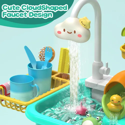 Miniatura 3 de 4-en-1 Juguetes de fregadero de cocina con agua corriente para niños, juguete de mesa eléctrica que cambia de color con animales, alimentos, Azul