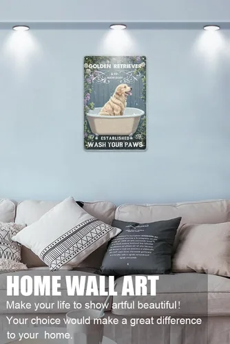 Miniatura 4 de Zomyto Letrero de lata con texto en inglés "Wash Your Paws Golden Retriever", decoración de baño, perro, bañera, bañera, estilo retro, decoración