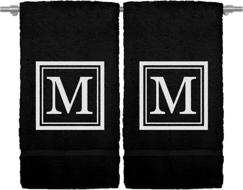 Miniatura 51 de Juego de 2 toallas de mano con monograma, 16 x 30 pulgadas, regalo personalizado, letra blanca bordada con diseño cuadrado sobre toalla negra, extra
