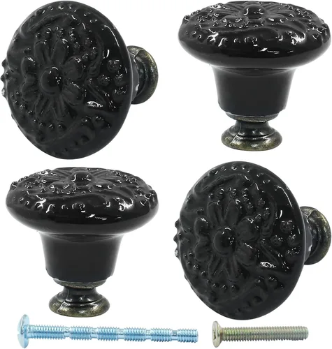 Miniatura 4 de Piutouyar Pomos y tiradores de cerámica negra para cajones, aparadores, armarios, 1.339 in / 1.3 pulgadas de diámetro (4 unidades)