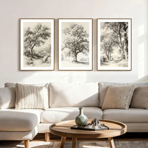 Zessonic Arte de Pared de Boceto de Árbol Vintage Lienzo Botánico de Naturaleza Salvaje Juego de Arte de Árbol de Roble de 3 Piezas, Impresiones