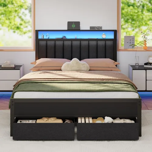 Miniatura 11 de Furnulem Bases de Cama Individual con Estación de Carga y Luces LED, Cabecero Tapizado Gris con Estantes, Cama de Plataforma de Metal con 2