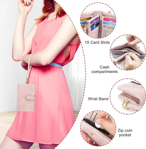 Miniatura 2 de Billeteras con bloqueo RFID para mujer, de gran capacidad, de cuero suave, cartera pequeña con correa para la muñeca, Rosado, Casual
