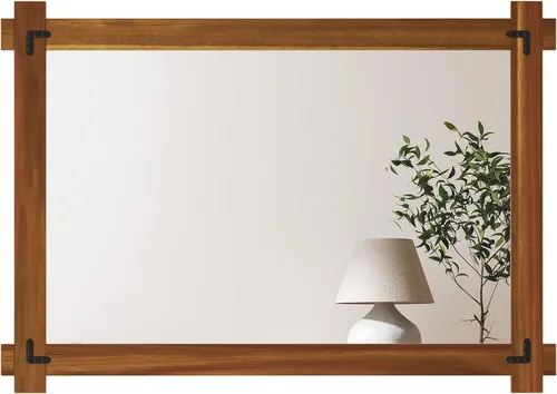 Miniatura 11 de Tangkula Espejo con marco de madera, 30 x 20 pulgadas, espejo de pared inastillable con marco de madera de acacia y diseño de remaches vintage