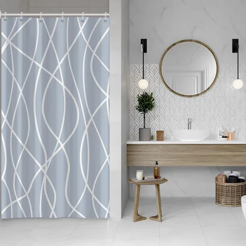 Miniatura 75 de Cortina de ducha pequeña a rayas gris claro degradado para baño, 36 x 72 pulgadas, juego de cortina de ducha geométrica para cabina de RV