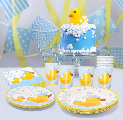 Miniatura 5 de Gift Boutique 96 piezas de suministros de fiesta de patos de goma, platos de papel, servilleta para patos amarillos, pato, baño de burbujas, pijama