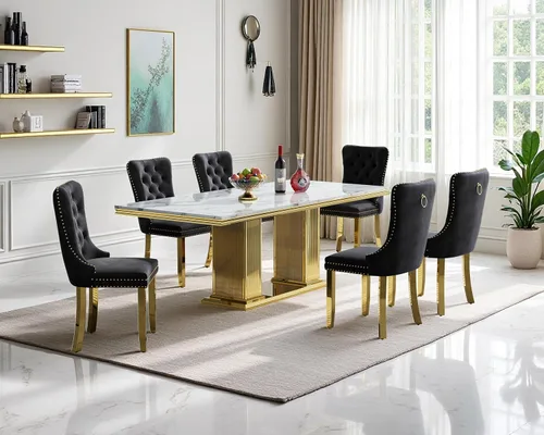 Miniatura 13 de Juego de mesa de comedor de mármol para 4, mesa de cocina rectangular de mármol negro de 68 pulgadas con base en H de acero inoxidable dorado, juego