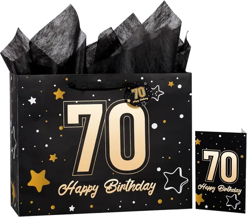 Miniatura 29 de Powbrace Bolsa de regalo de cumpleaños número 30 negra de 13 pulgadas con papel de seda y tarjeta de felicitación para fiestas, bolsa de regalo