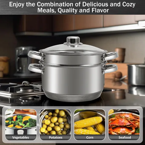 Miniatura 6 de AuFranc® olla de 4 cuartos de acero inoxidable 18/10 de tres capas con tapa de vidrio templado y vaporera, olla a vapor multiusos compatible