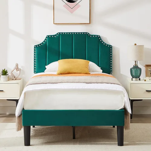 Miniatura 21 de VECELO Base de cama tapizada de terciopelo tamaño Queen con ribete de clavos, cabecera ajustable en altura copetuda, cama vintage con listones