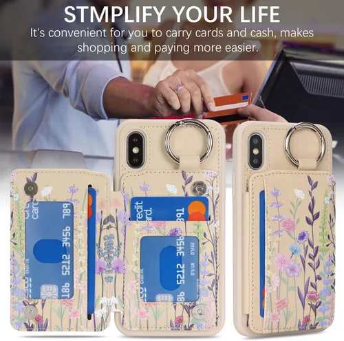 Miniatura 6 de Havaya Funda para iPhone Xs y iPhone X, cartera con tarjetero y llavero, soporte de anillo de piel sintética, diseño floral con ranuras