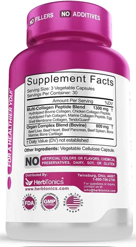 Miniatura 6 de Herbtonics Gomitas de colágeno múltiple con cápsulas de colágeno múltiple tipo I, II, III, V y X, péptidos de proteínas y complejo de órganos