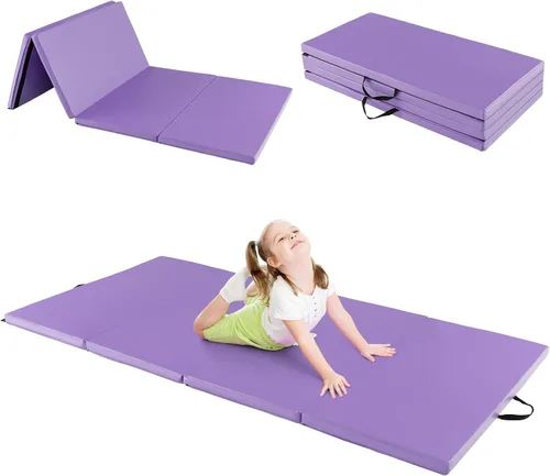 Miniatura 8 de GYMAX Colchoneta de gimnasia, 4 x 8 x 2 pulgadas, plegable, gruesa, con asas de transporte y costuras resistentes, cubierta de piel sintética Púrpura