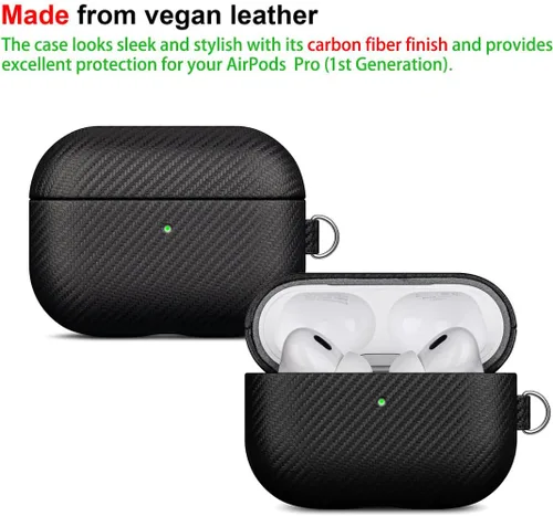 Miniatura 2 de LOPIE Funda hecha a mano para estuche de AirPods Pro de 1ª generación, funda de cuero vegano con textura de fibra de carbono con llavero y kit