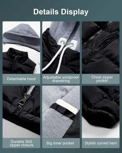 Miniatura 7 de CREATMO US Chaleco de invierno para hombre, para exteriores, con capucha, extraíble, acolchado, sin mangas, chaleco